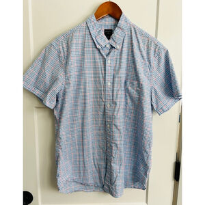 J.Crew men’s Button Down Shirt Size Large Blue Pink Plaid Short Sleeve Flex